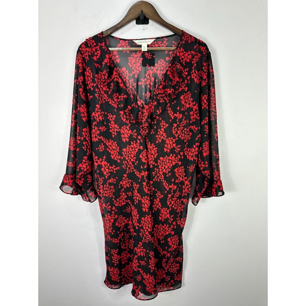 Avenue‎ Body Sheer Heart Print Nightgown Lingerie Tunic 22/24 Red Black Ruffle